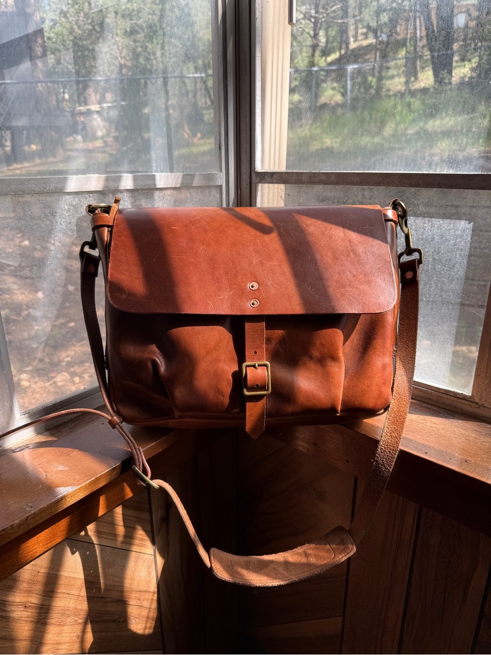 Rust Brown Leather Messenger Bag with Buckle Strap